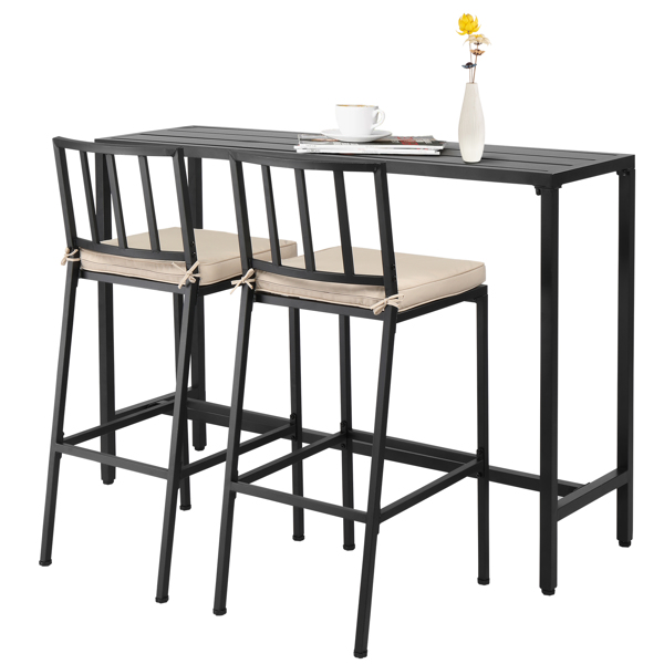 3 Piece Outdoor Patio Bar Set, 55" Rectangular Pub Height High Top Bar Table with 2 Cushioned Bar Stools, Metal Bar Table and Chairs Set for Balcony Backyard Porch