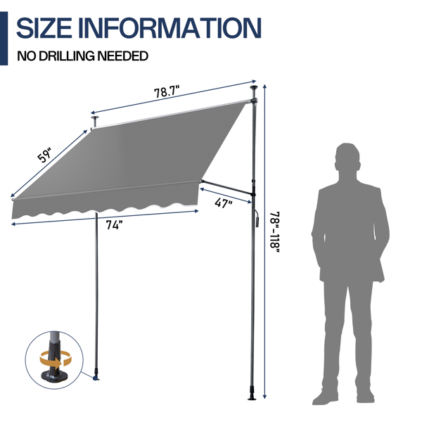 78.7"D x 47.2"W x(78.7 -118.1)"H  Retractable Awning Grey