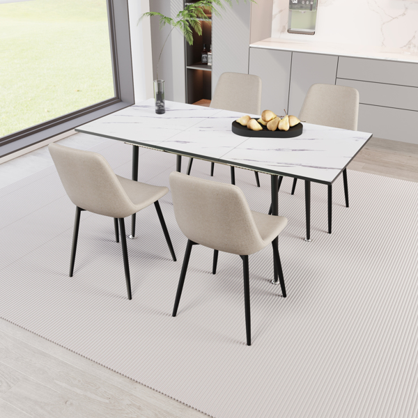 47"-63" extendable MDF modern dining table and chair set, suitable for 2-6 people, white dining table and modern beige dining chair 4-piece set, metal base and linen chair 