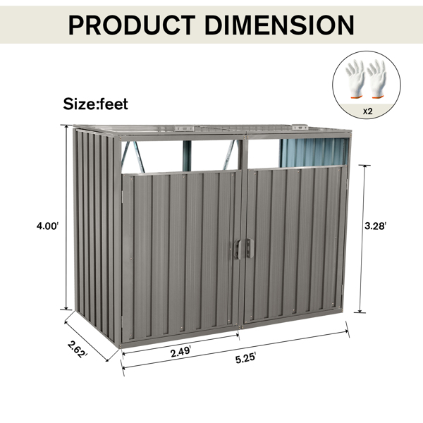 Garbage Bin Shed Stores 2 Trash Cans Metal Outdoor Bin Shed for Garbage Storage,Stainless Galvanized Steel, Bin Shed for Garden Yard Lawn,Grey