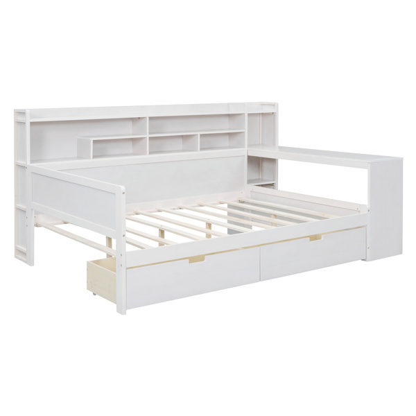 Wooden Full Size Daybed with Storage Shelves, Multi-functional Bed with Two Storage Drawers and  Study Desk, Antique White