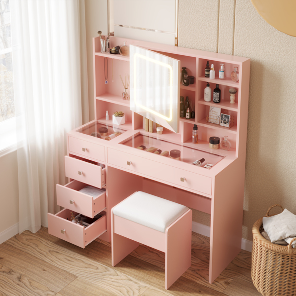 Apple Pink Textured Particle Board with Melamine Laminate, Tempered Glass Top, Five-Drawer Dressing Table Set with Shelves, Hooks, Power Strip, and LED Three-Color Dimmable Light