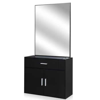 【same code：75512472】15% E0 chipboard linen top 1 drawer 1 door with mirror Salon cabinet black