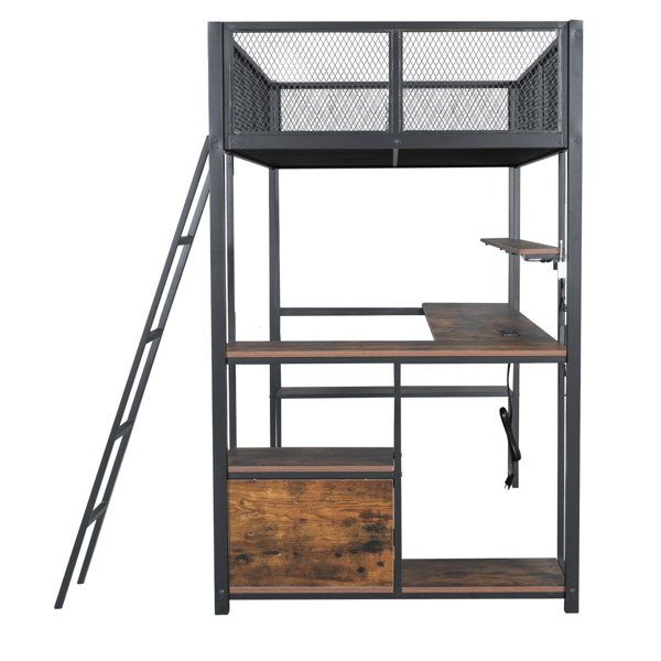Twin Size Metal Loft Bed with Built-in Work Station, LED and Multiple Storage, Black