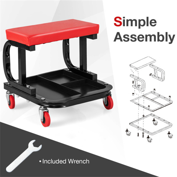   Rolling Creeper with Classified Tool Tray and Cushioned Seat  Black & Rer