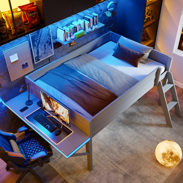 Wood Full Size Gaming Loft Bed with Desk and LED, Grey