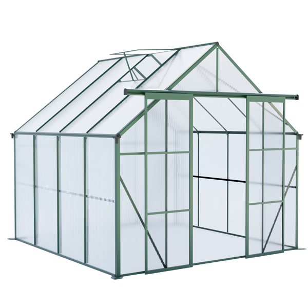 8x8 FT Double Door Polycarbonate Greenhouse Raised Base and Anchor Aluminum Heavy Duty Walk-in Greenhouses for Outdoor Backyard in All Season,Green