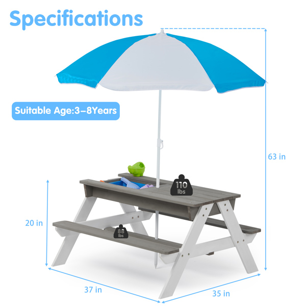 3-in-1 Kids Outdoor Wooden Picnic Table With Umbrella, Convertible Sand & Wate, Gray ASTM & CPSIA CERTIFICATION 