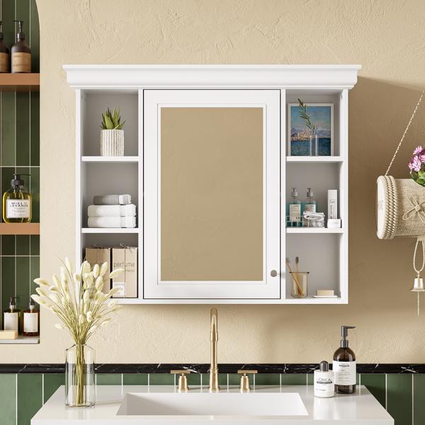 35'' x 28'' White Wall Mounted Bathroom Storage Cabinet with Mirror Door, Modern Bathroom Wall Cabinet with Mirror, Medicine Cabinet with 6 Open Shelves