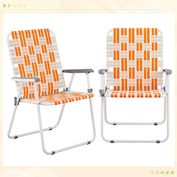 Set of 2 Webbed Folding Beach Chairs, Outdoor Patio Lawn Foldable Chairs for Camping Fishing Yard Poolside BBQ, Orange & White