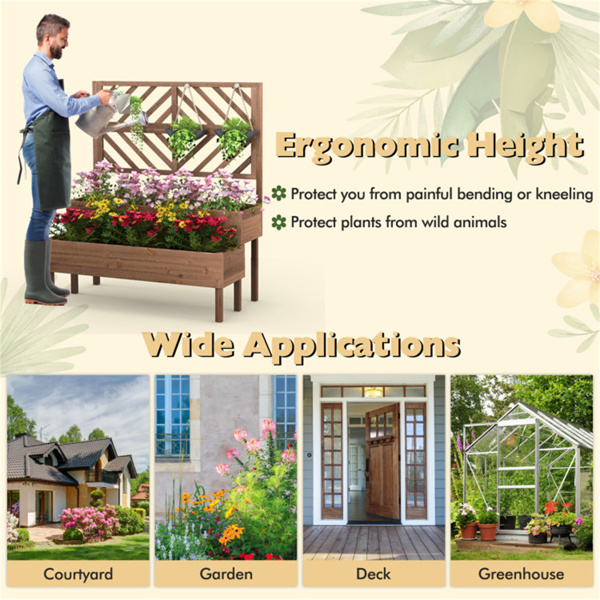 2-Tier Wooden Elevated Planter Box wwith Trellis