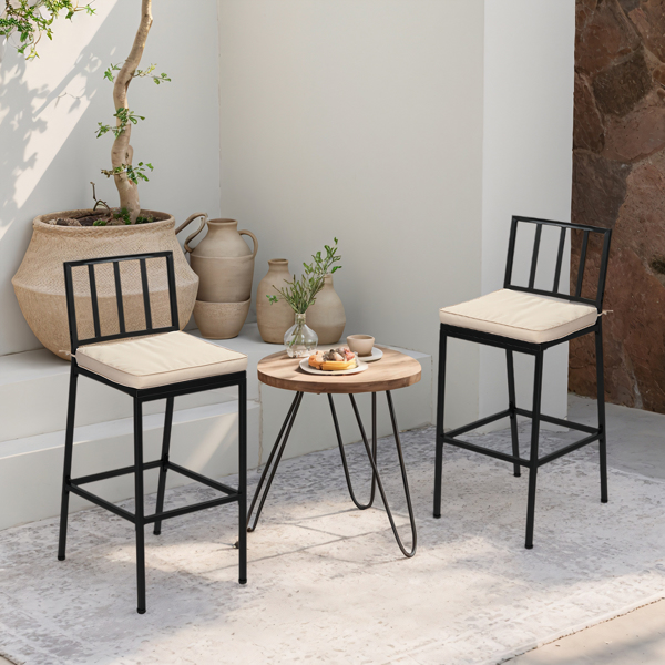 2PCS Patio Bar Chairs, Heavy-Duty Metal Frame Bar Stools Set of 2, Indoor Outdoor All-Weather Resistant Barstools with Detachable Cushion