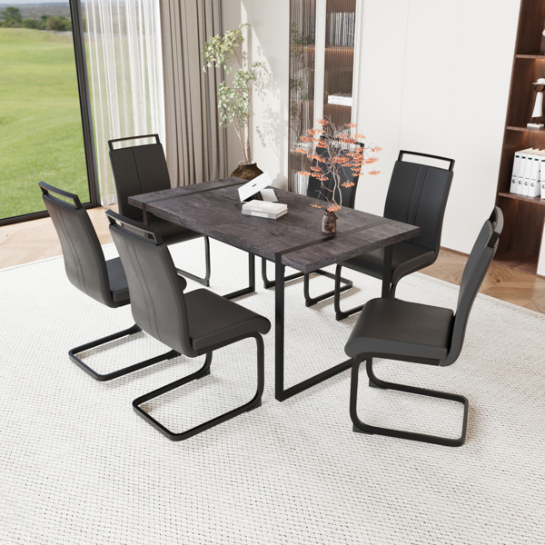 59 " Dining Table Rural Industrial Rectangular MDF Black Set and PU Armless Dining Chair Set, 6 pieces. Kitchen Black Metal Table Leg Dining Chair Set 