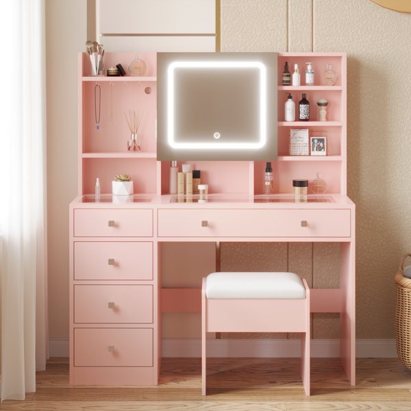 Apple Pink Textured Particle Board with Melamine Laminate, Tempered Glass Top, Five-Drawer Dressing Table Set with Shelves, Hooks, Power Strip, and LED Three-Color Dimmable Light