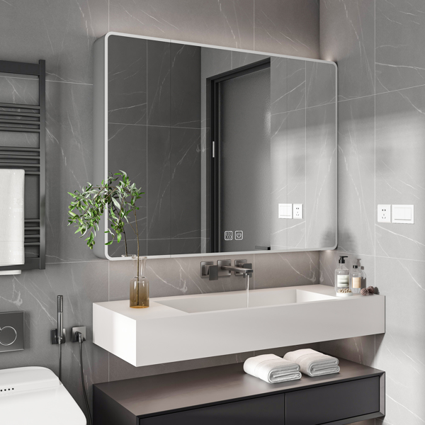 铝制药柜镜，35 x 28 英寸药柜，带 3 种颜色的 LED 灯和除雾功能，浴室镜柜，带化妆品收纳架和吹风机支架，灰色-11