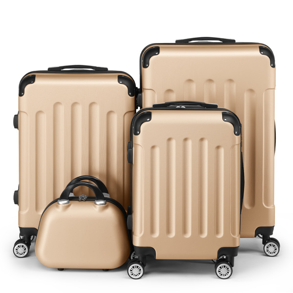 FCH Corner-Protected Four-Piece Set ABS Luggage Including 20in, 24in, 28in Suitcases + 12in Hand-Carry Case - ABS with Steel Telescopic Handle in Fashionable Champagne Gold