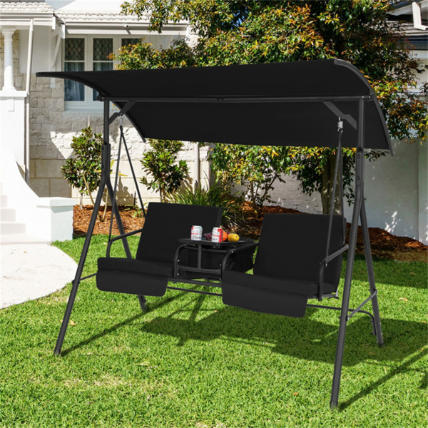 2 Seater Porch Swing Chair with Handy Storage and 360° Rotatable Tray Black