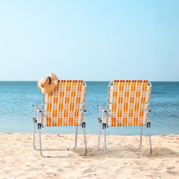 Set of 2 Webbed Folding Beach Chairs, Outdoor Patio Lawn Foldable Chairs for Camping Fishing Yard Poolside BBQ, Orange & White