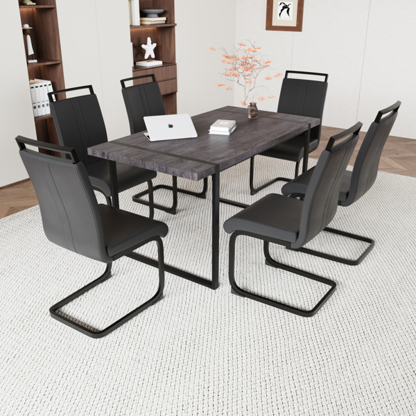 59 " Dining Table Rural Industrial Rectangular MDF Black Set and PU Armless Dining Chair Set, 6 pieces. Kitchen Black Metal Table Leg Dining Chair Set 