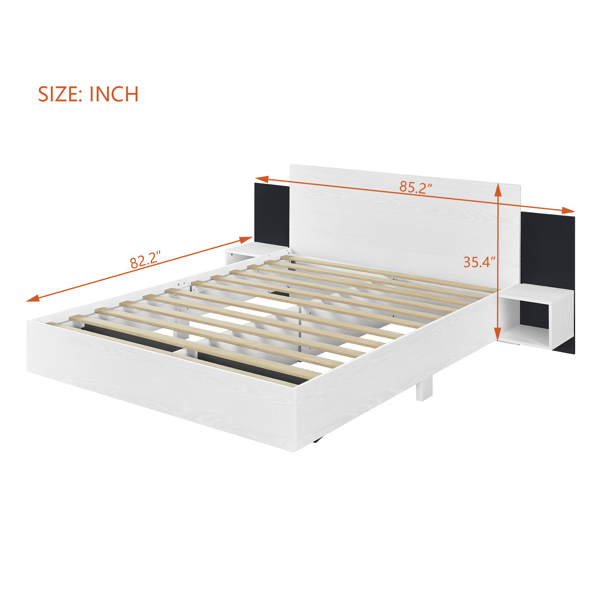 Queen Size Wooden  Floating Platform Bed, with LED Lights, Bedside Nightstand, White