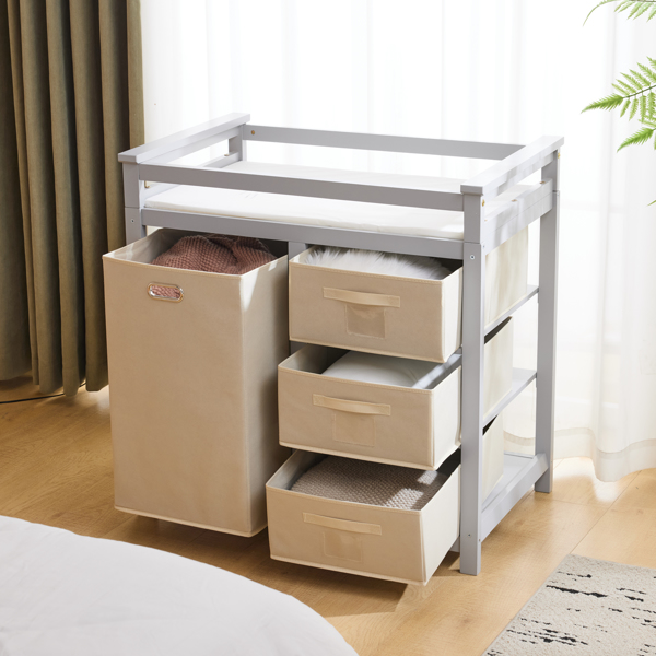 FCH Wooden Frame Removable Top Gray Painted Pine Children's Cot with 3 Fabric Drawers + 1 Fabric Bag