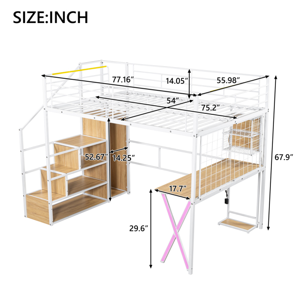 Full Size Metal Loft Bed with Built-in Work Station, Wardrobe, Storage Staircase and LED, White