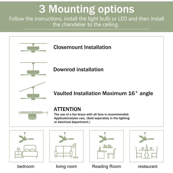 52" Solid Wood Blades Ceiling Fan With Light with Remote Control, Noiseless Reversible Motor, 6 Speed ,3 Color , for Patio Living Room, Bedroom, Indoor.(Stain nickel + Walnut )