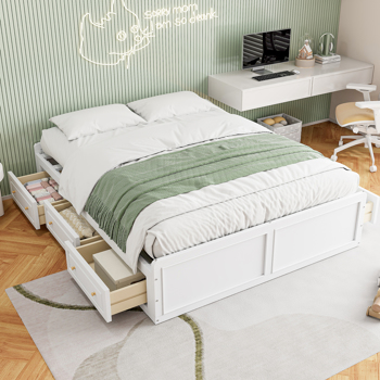 Wood Queen Size Platform Bed Frame with 6 Drawers, White