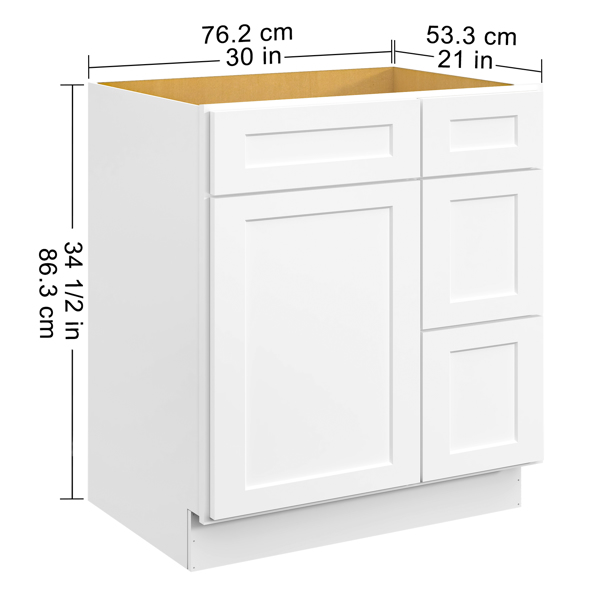 30 in. W x 21 in. D x 34.5 in. H in Shaker White Plywood Ready to Assemble Floor Vanity Sink Base Kitchen Cabinet with Left Door