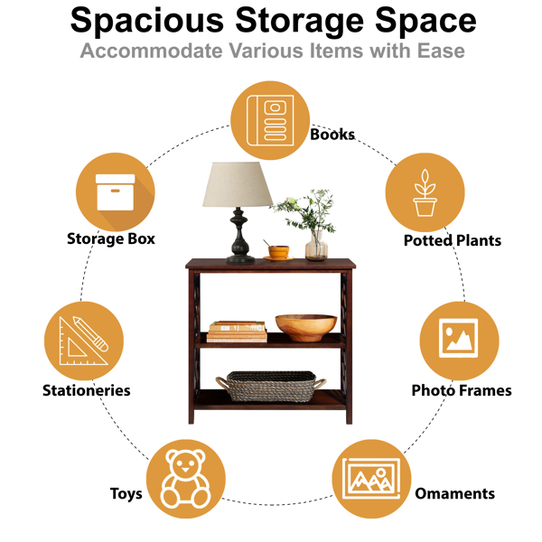 Console Table 3-Tier with Storage Shelves,Open Bookshelf Bookcase with Solid Wood Legs for Hallway, Living Room and Bedroom. Cherry