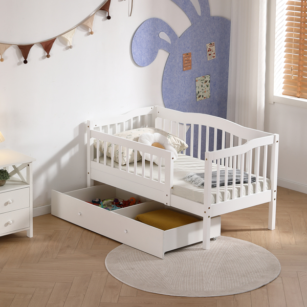 FCH Vertical Fence White Painted Pine Toddler Bed with Bottom Drawer and Side Car Bed