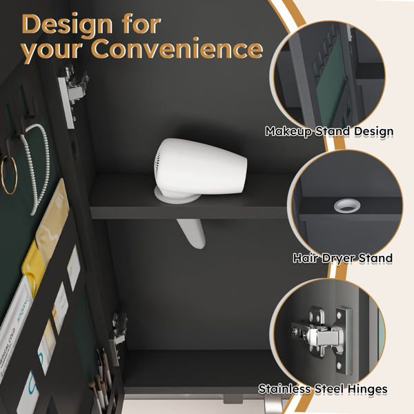 铝制药柜镜，35 x 28 英寸药柜，带 3 种颜色的 LED 灯和除雾功能，浴室镜柜，带化妆品收纳架和吹风机支架，灰色-4