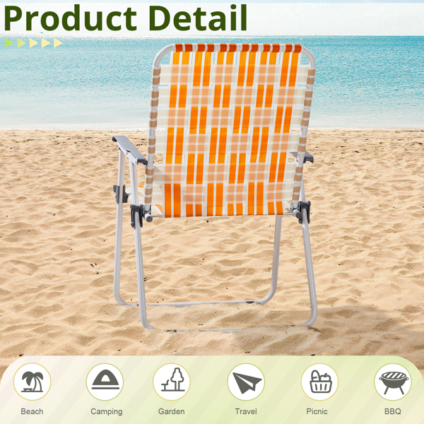 Set of 2 Webbed Folding Beach Chairs, Outdoor Patio Lawn Foldable Chairs for Camping Fishing Yard Poolside BBQ, Orange & White