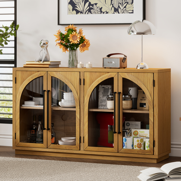 4-Door Large Storage Sideboard Buffet Cabinet with Glass Doors, Arched Cabinet with Adjustable Shelves for Kitchen, Dining Room and Living Room (Natural Wood)