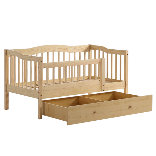 FCH Vertical Fence Wood Painted Pine Toddler Bed with Bottom Drawer and Side Car Bed