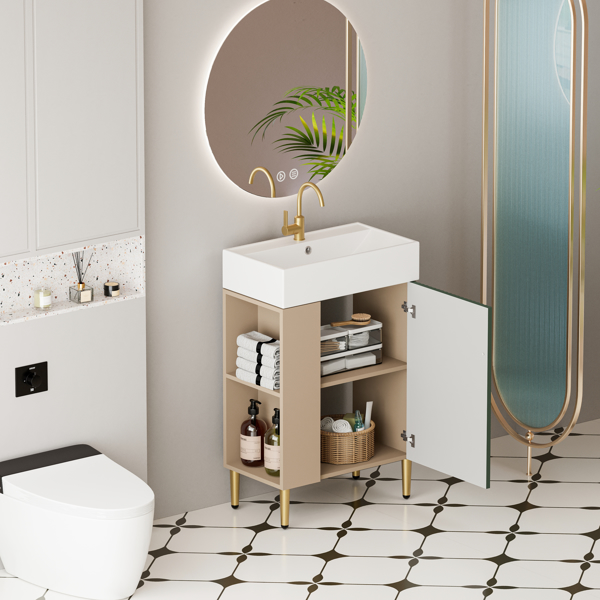 21.6" Open-shelving Bathroom Vanity with Ceramic Sink and Soft-Closing Door, Cloakroom Open Shelf Storage Cabinet on the Left Side, Assembly Required, Green 24VB06-21LVL