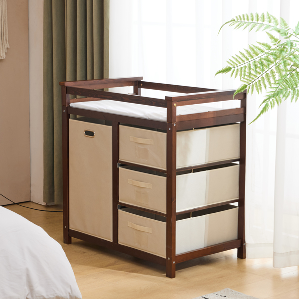 FCH Wooden Frame Removable Top Brown Painted Pine Children's Cot with 3 Fabric Drawers + 1 Fabric Bag