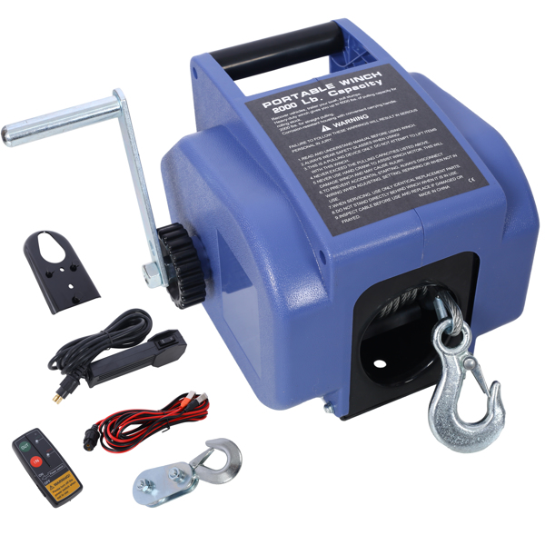 12v Trailer Winch,Reversible Electric Winch, for Boats up to 5000 lbs, Galvanized Wire Rope, with extra pulley hook, Rapid Mount, wirelss remote control,power in and power out.blue plastic casing