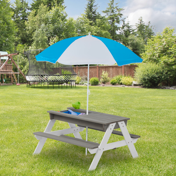 3-in-1 Kids Outdoor Wooden Picnic Table With Umbrella, Convertible Sand & Wate, Gray ASTM & CPSIA CERTIFICATION 