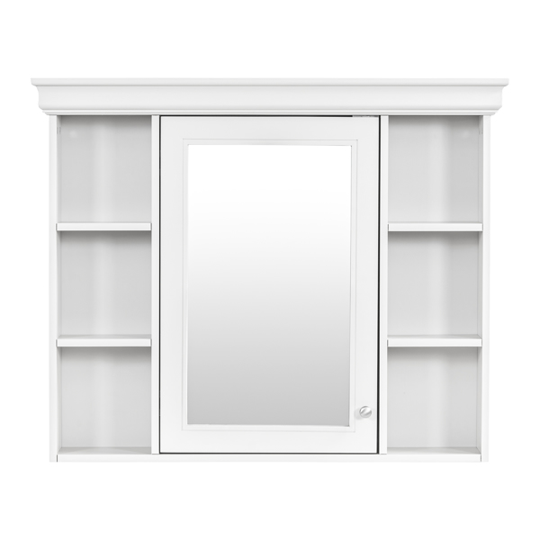 35'' x 28'' White Wall Mounted Bathroom Storage Cabinet with Mirror Door, Modern Bathroom Wall Cabinet with Mirror, Medicine Cabinet with 6 Open Shelves