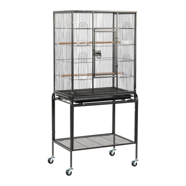 53" Large Flight Bird Cage with Rolling Stand & Storage Shelf for Parrots Lovebird Cockatiel Parakeets, Black