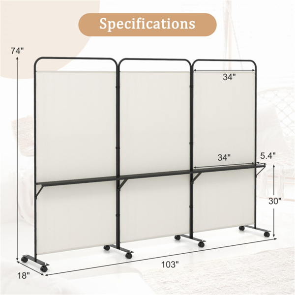 3-Panel Folding Divider with Lockable Wheels and 3 Metal Shelves White