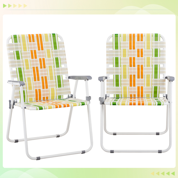 Set of 2 Webbed Folding Beach Chairs, Outdoor Patio Lawn Foldable Chairs for Camping Fishing Yard Poolside BBQ, Yellow & Green