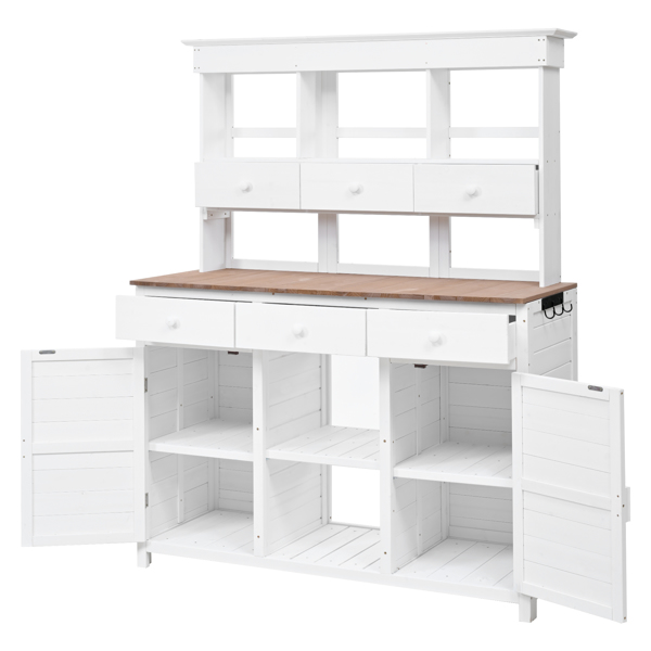 [Assembly Video Provided] 65.7'' H Tall Garden Potting Bench Table with Hutch,Patio Storage Workstation with 3 Shelves,6 Drawers,2 Bottom Cabinets&Side Hooks for Mudroom,Doorway, White