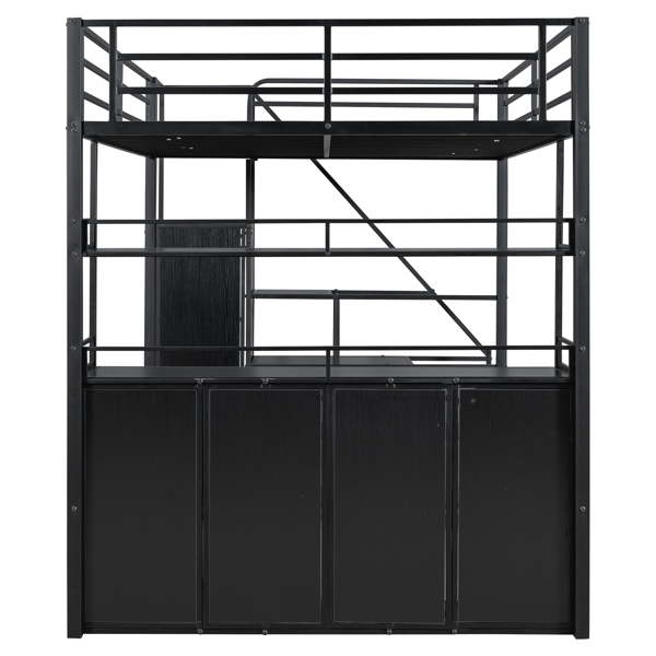 Full Size Metal Loft Bed with Storage Staircase and Wardrobe,Shelves and Lockers,Black