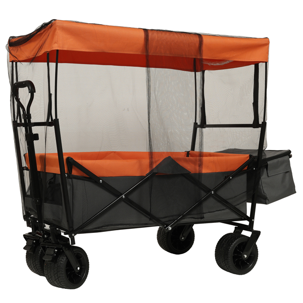 480Lbs Collapsible Wagon with Canopy,Wagon Stroller with 7" All-Terrain Wheels, Lightweight Foldable Wagon, Large Capacity for Camping, Shopping, Sports, and Garden Use,orange with mosquito net