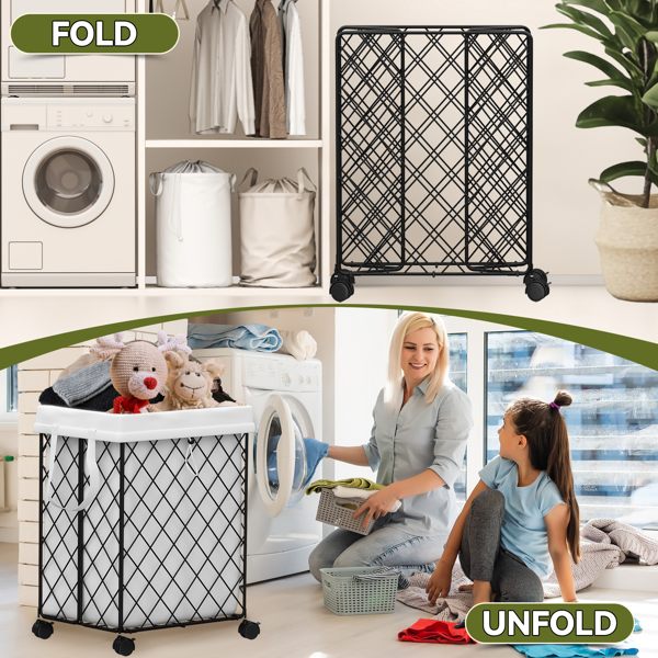 Laundry Basket with Wheels, Rolling Laundry Hamper, Detachable and washable lining, metal frame, suitable for bedrooms, bathrooms, laundry rooms, white