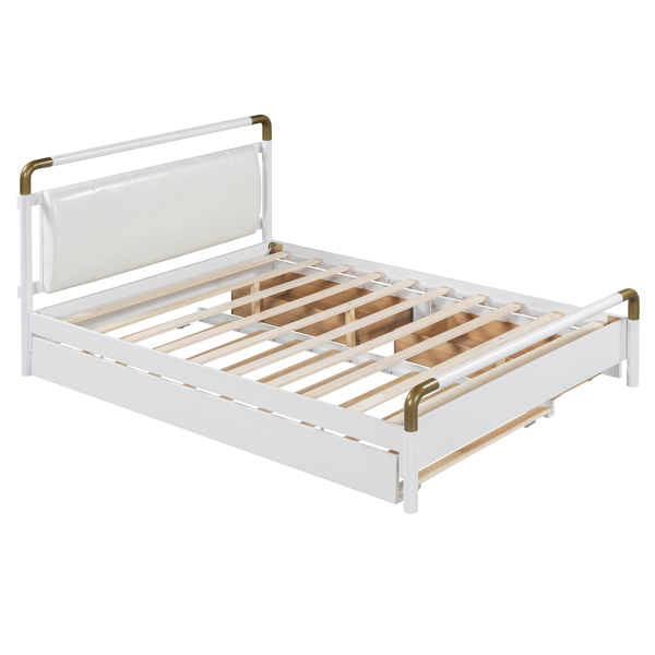 Queen Size Wooden Storage Platform Bed, with 2 Big Drawers, T-XL Size Trundle, White