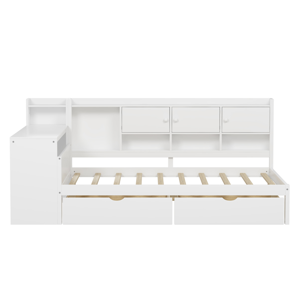 Wooden L-Shape Daybed with Seven Storage Cabinets and Two Storage Drawers, Multi-functional Bed with Study Desk and Built-in Bookshelf, White