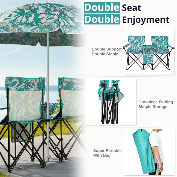 Portable Outdoor 2-Seat Folding Chair with Removable Sun Umbrella Pineapple